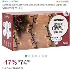 Lumineo 1000 LED Warm White Christmas Compact Lights Set, Green Wire 74 Feet